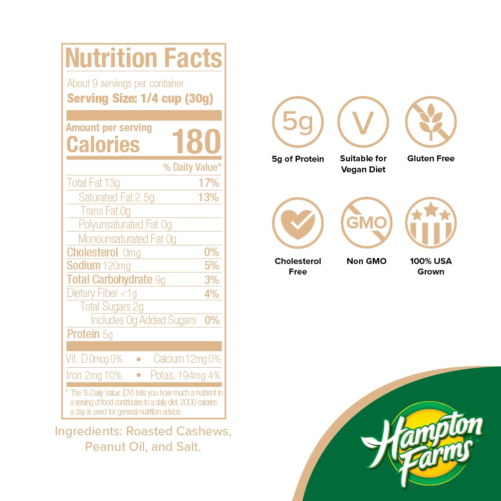 Hampton Farms - USA Grown Gourmet Nuts - Salted Super Large Whole Cashews - 10 oz. Canisters - 2 Pack