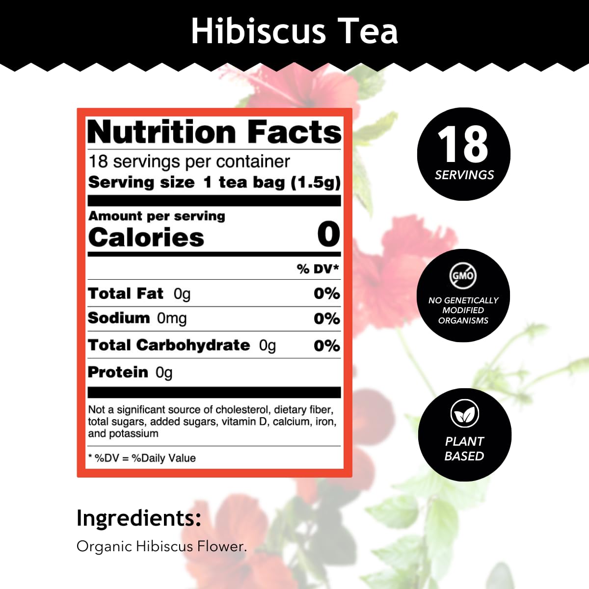 Buddha Teas Hibiscus Herbal Tea - Caffeine Free, Antioxidants, 18 Count, Kosher, Non-GMO, Model BU10016