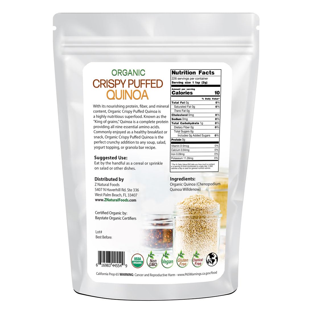 Z Natural Foods Organic Crispy Puffed Quinoa - Real Crisped Quinoa Vegan Superfood - Healthy Quinoa Crisps Snacks For Adults & K