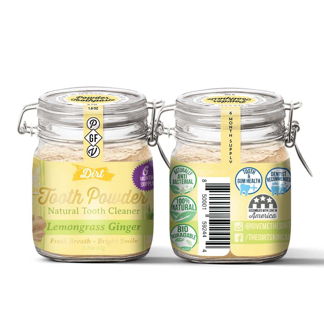 The Dirt Tooth Powder - Natural Fluoride-Free Toothpaste Alternative, Vegan - Essential Oils & Bentonite Clay (Lemongrass & Ging