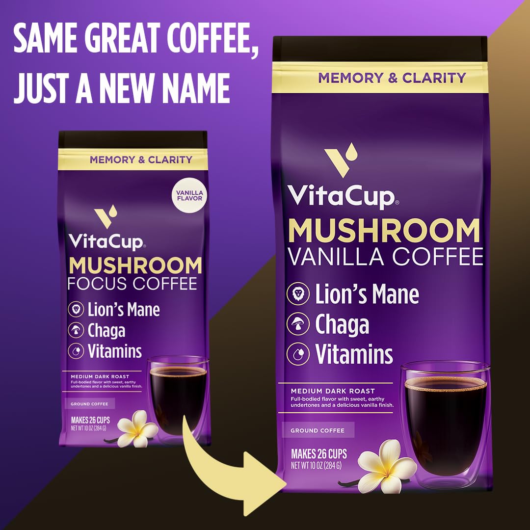 VitaCup Focus Mushroom Coffee Grounds, Vanilla Flavored Coffee with Lions Mane, Chaga, B Vitamins, D3, Boost Focus, Immunity, Me