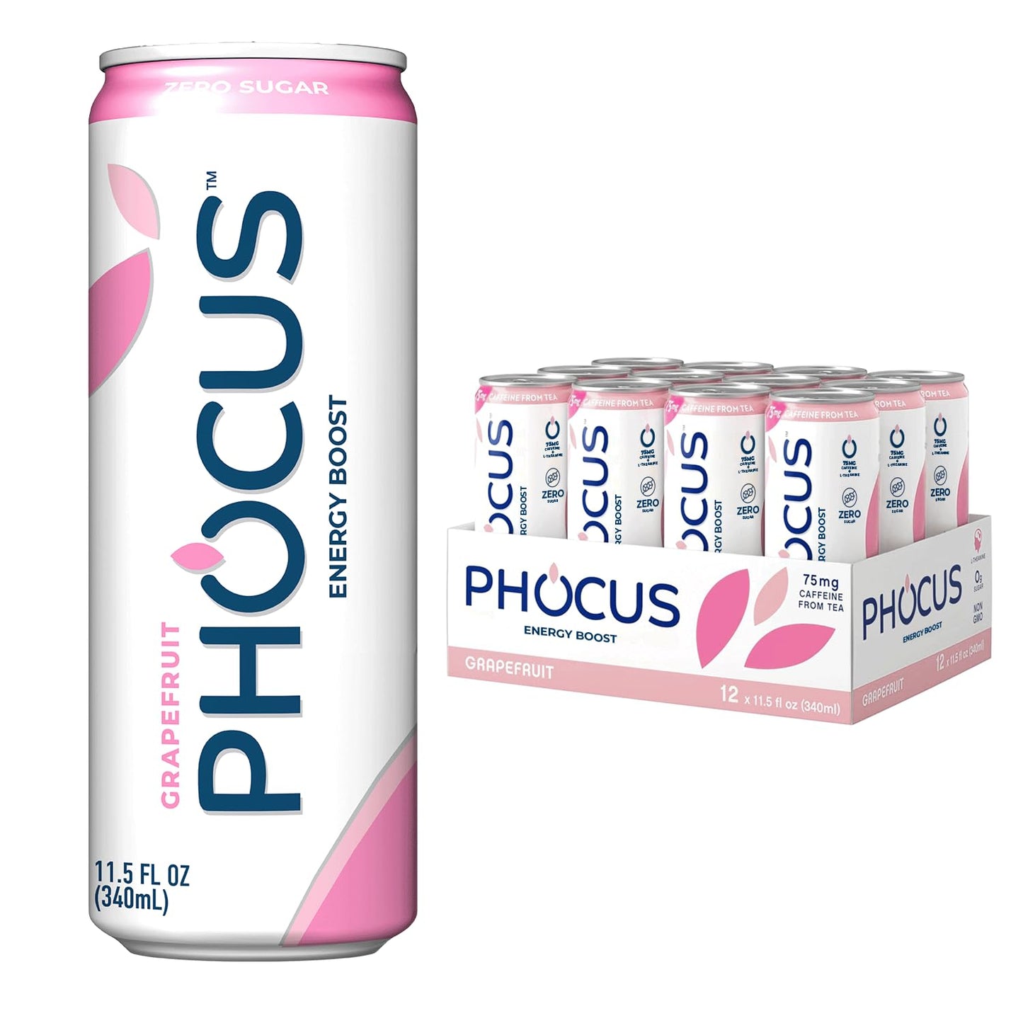 PHOCUS Energy Drink  Gfruit Sparkling Water  75mg Natural Caffeine Plus L-Theanine  Zero Sugar  Zero Calories  No Artificial Sweeteners  11.5 fl oz Cans (Pack of 12)