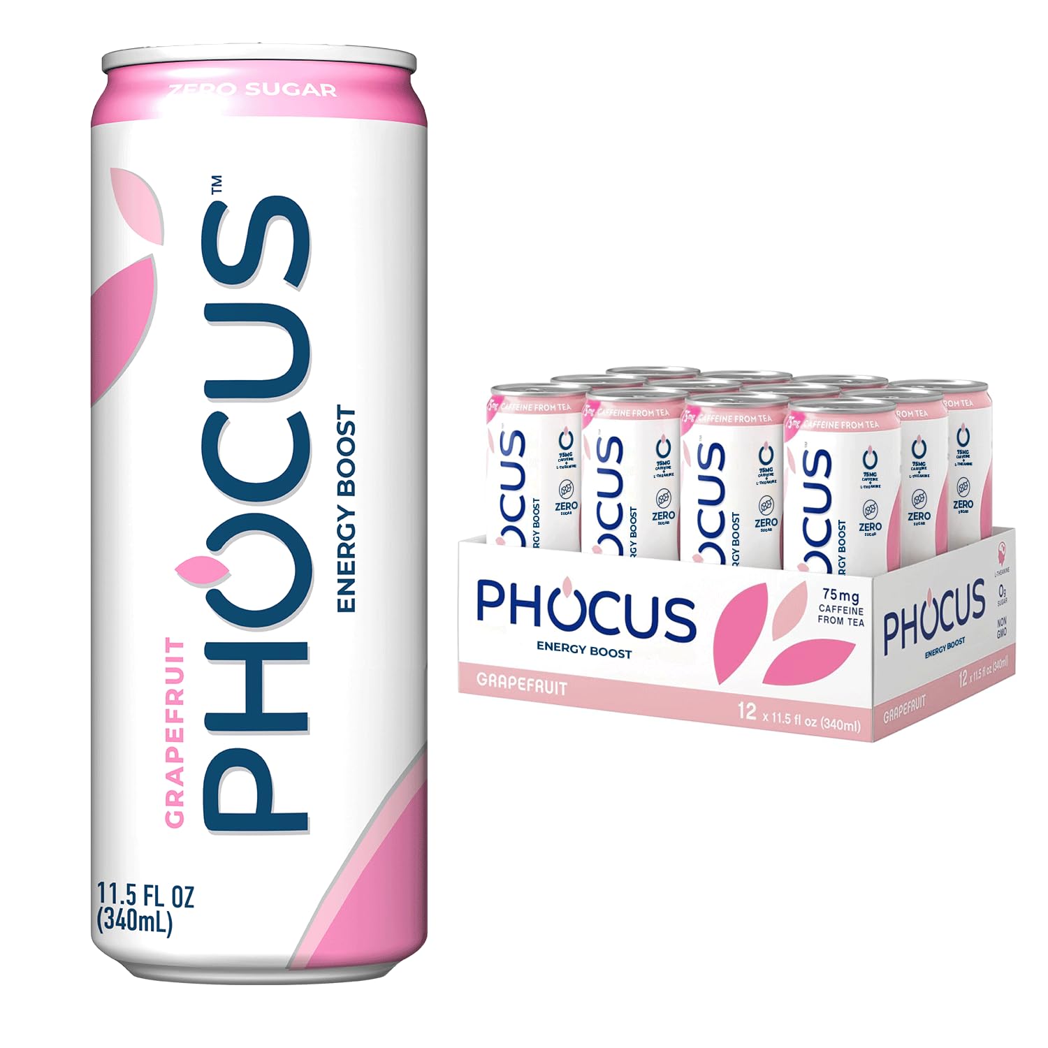 PHOCUS Energy Drink  Gfruit Sparkling Water  75mg Natural Caffeine Plus L-Theanine  Zero Sugar  Zero Calories  No Artificial Sweeteners  11.5 fl oz Cans (Pack of 12)