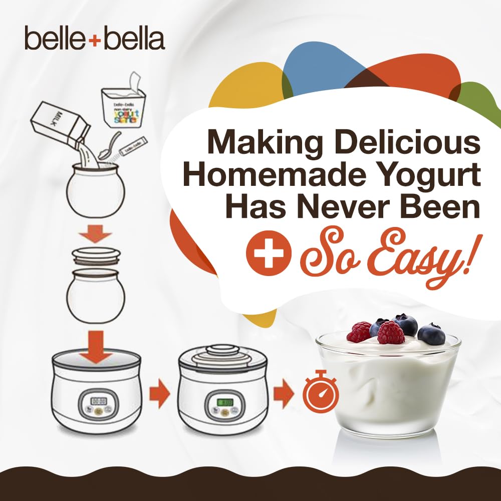 Belle + Bella Non-Dairy Vegan Yogurt Starter - Gluten Free, No Added Sugar, Non Gmo - Makes 4 Quarts Vegan Yogurt - 2 Billion Live Cultures - Mix With Any Dairy Free Or Dairy Milk - 1 Box