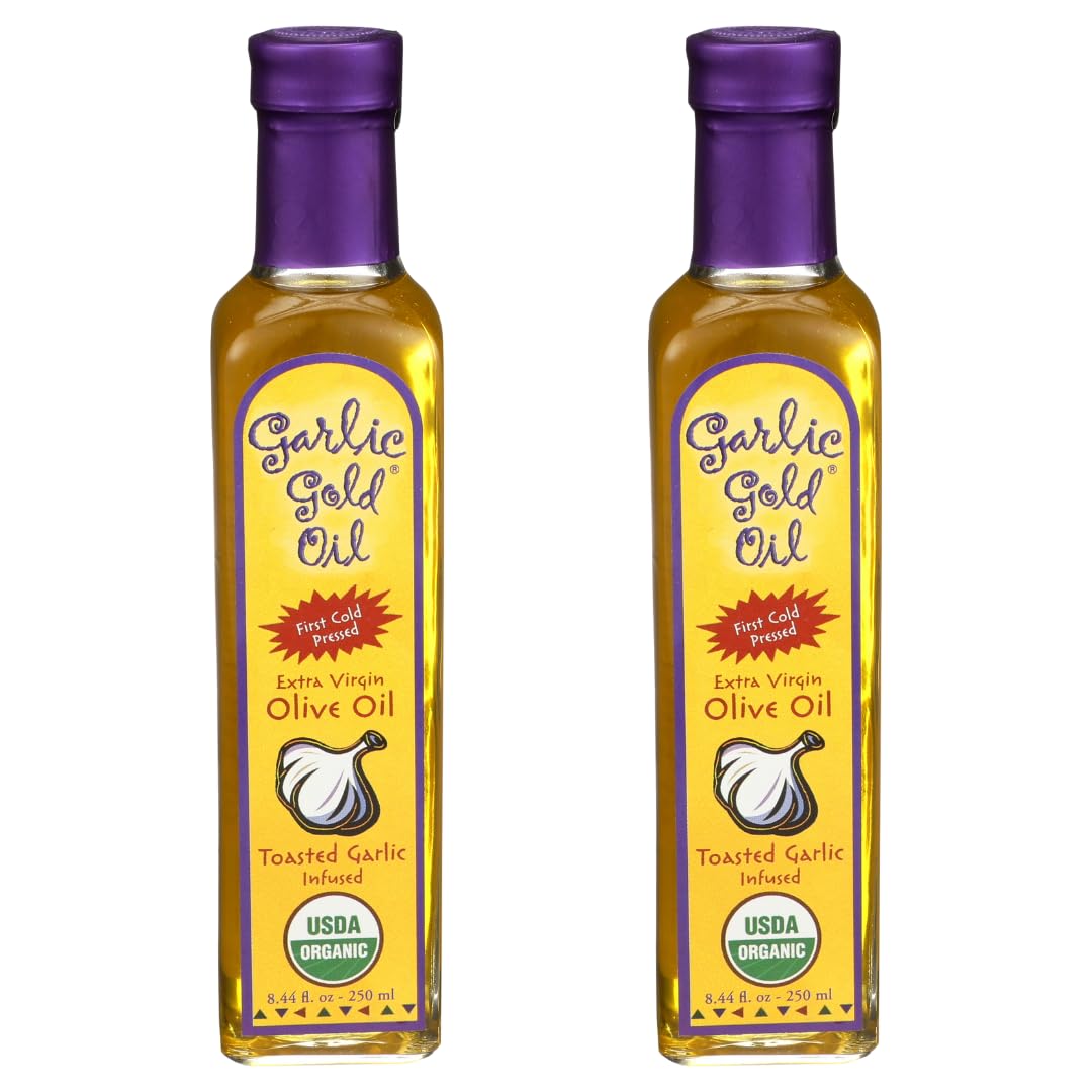 Garlic Gold Extra Virgin Olive Oil Infused With Garlic, Premium Certified Usda Organic, Low Fodmap, Cold Pressed (250 Ml, 2 Pack)