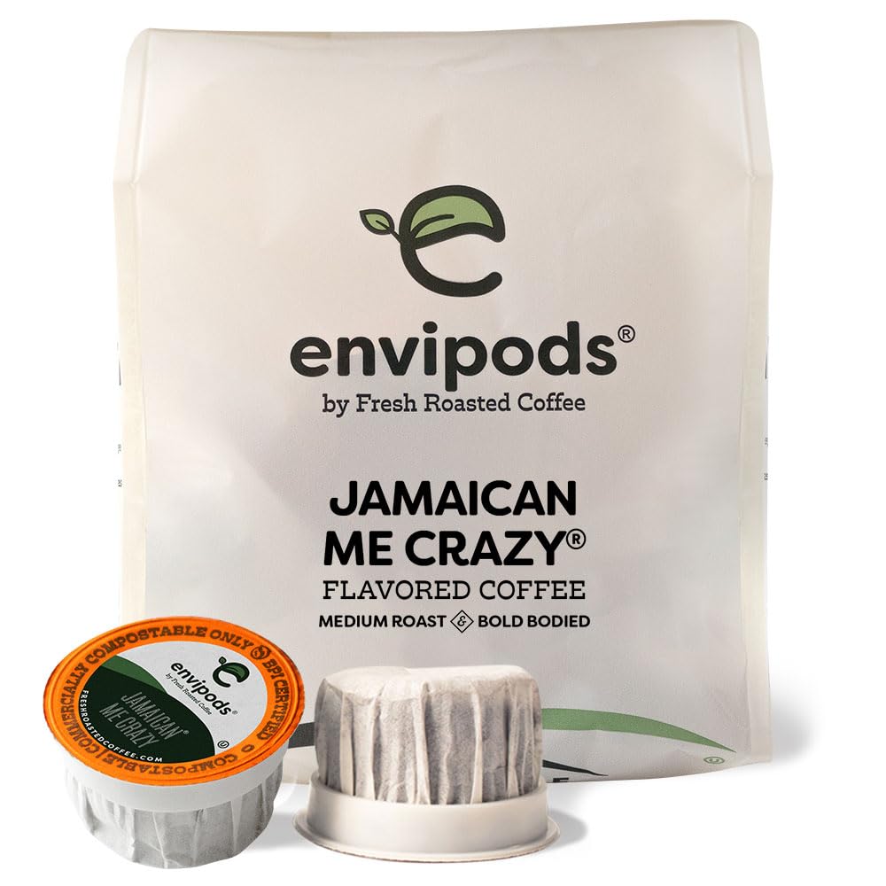 Fresh Roasted Coffee Jamaican Me Crazy Flavored Envipods, Medium Roast, 12 Count for Keurig K Cup Brewers