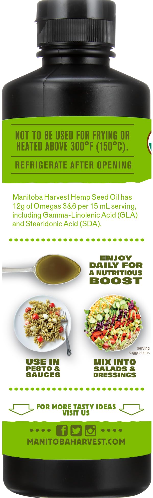 Manitoba Harvest Organic Hemp Oil, Cold Pressed, Non-GMO, 8.45 Fl Oz, 12g Omegas 3&6 Per Serving, Model 7005