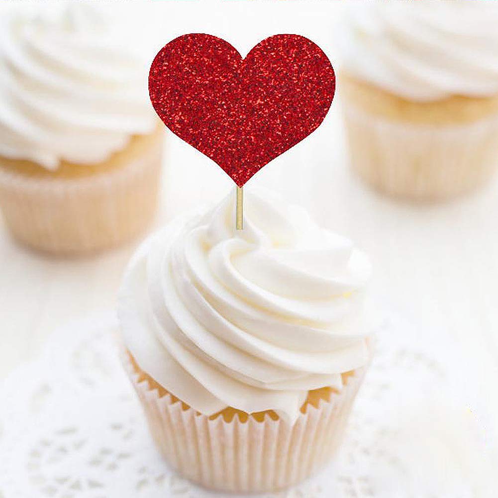 Looching Glitter Heart Cupcake Toppers, 50 PCS Red Food Picks for Wedding, Valentines Day, Birthday Party, Baby Shower