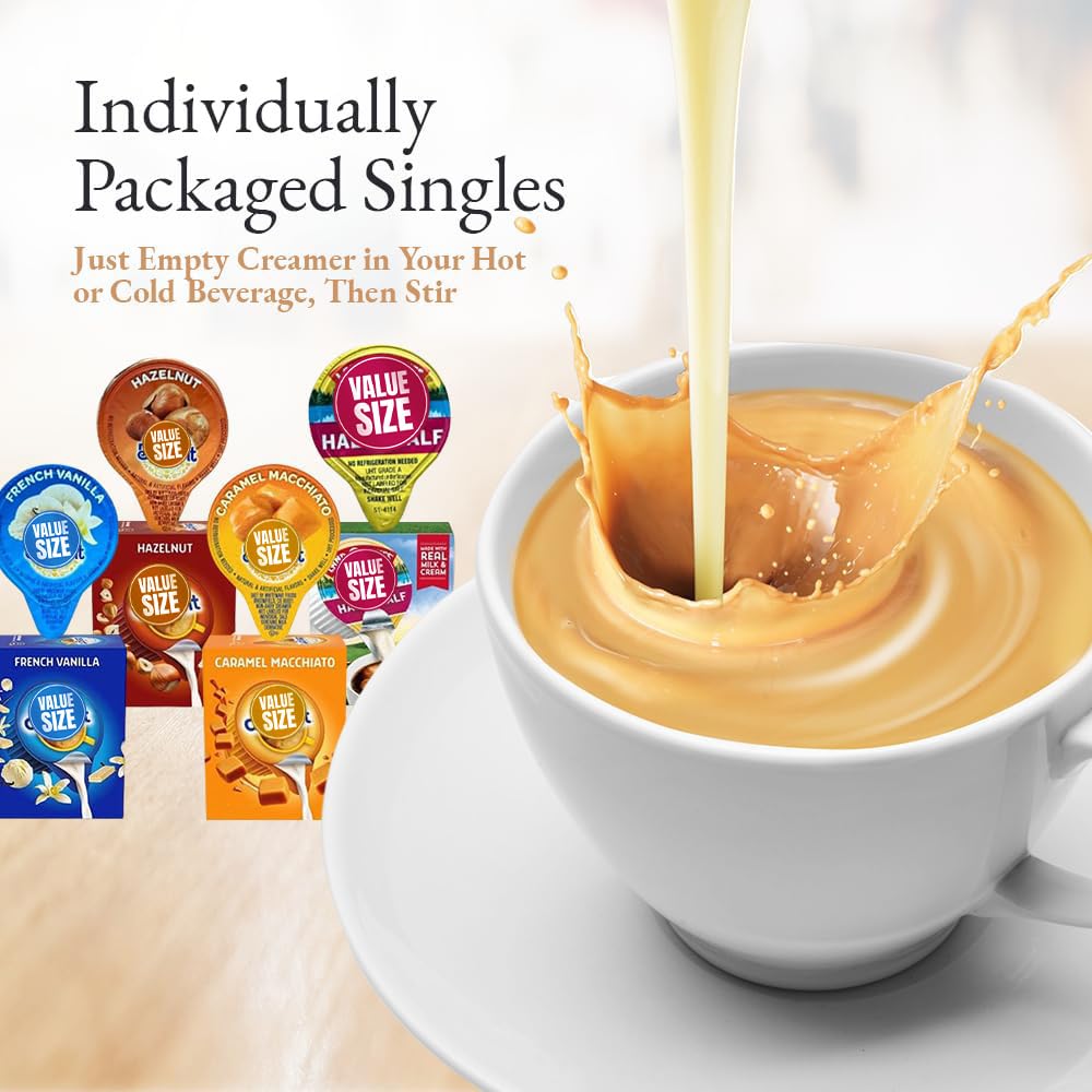 Coffee Creamer Liquid Singles International Delight Caramel Macchiato, French Vanilla, Hazelnut And Land O'Lakes Mini Moo'S Half