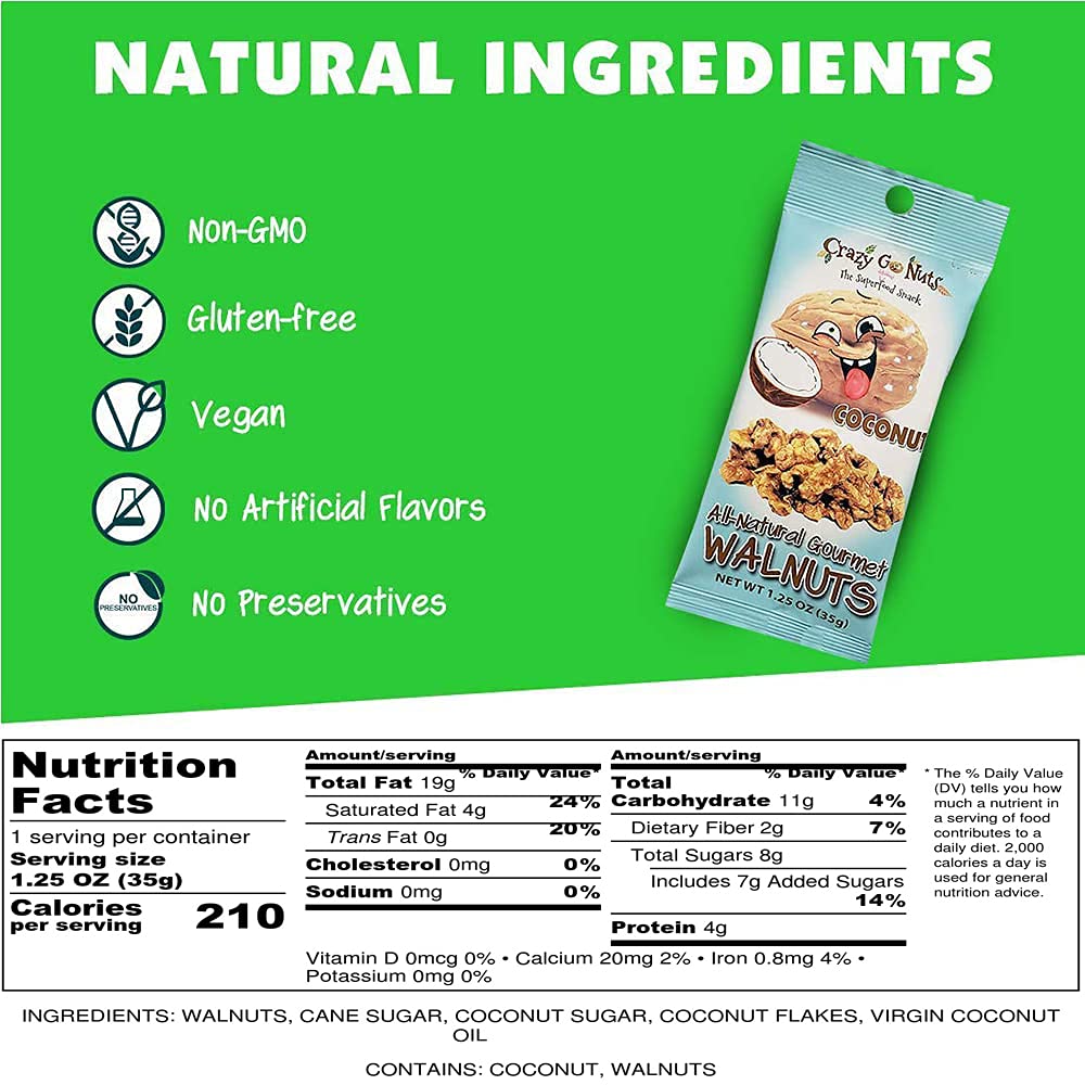 Crazy Go Nuts Walnuts Coconut - Glazed Walnuts, Healthy Snacks, Vegan, Gluten Free, Superfood - Natural, Non-Gmo, Ala, Omega 3 F