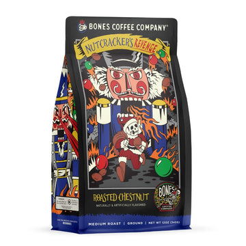 Bones Coffee Company Nutcracker's Revenge Flavored Coffee Beans, Medium Roast Ground Coffee Low Acid, Roasted Chestnut Flavor (1