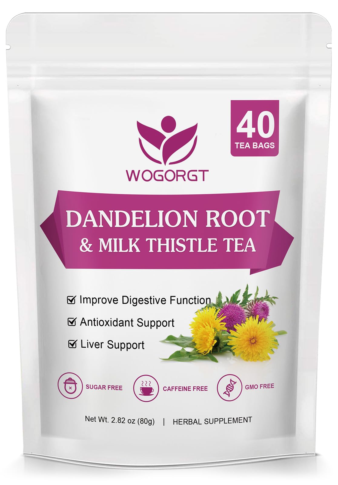 WOGORGT Dandelion Root & Milk Thistle Tea Bags - 40 Count - Caffeine Free Herbal Tea for Liver Cleanse & Immune Support