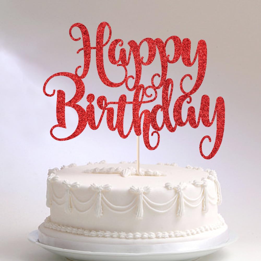 Fmiyuneea Happy Birthday Cake Topper- Glitter Happy Birthday Cake Decor, Handmade Anniversary/Birthday Party Supplies (Red)