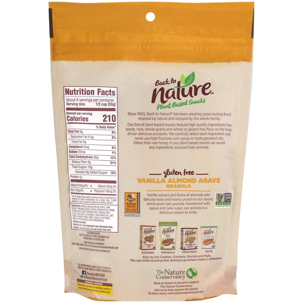 Back To Nature Granola Cereal - Gluten Free, Non-Gmo, Plant Based Snacks Made With Whole Grain Rolled Oats - Vanilla Almond Agave, 11 Ounce