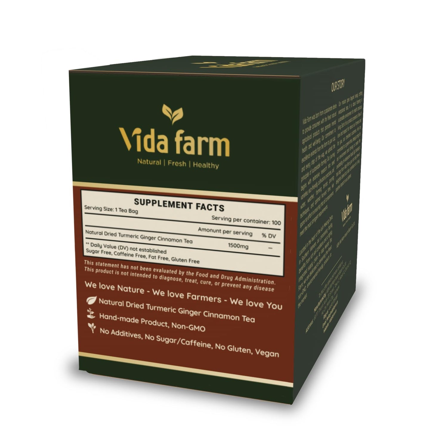 VIDA FARM Turmeric Ginger Cinnamon Tea Bags, 100% Pure & Natural, Non-GMO, Gluten-Free, Vegan, 100 Tea Bags, Yellow
