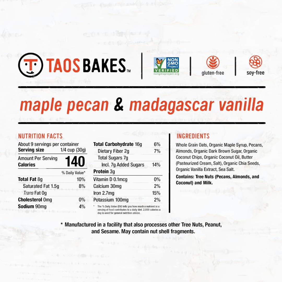 Taos Bakes - Maple Pecan & Madagascar Vanillar Granola - Crunchy Granola Breakfast Snack - Gluten Free, No Gmos, No Fillers - 10