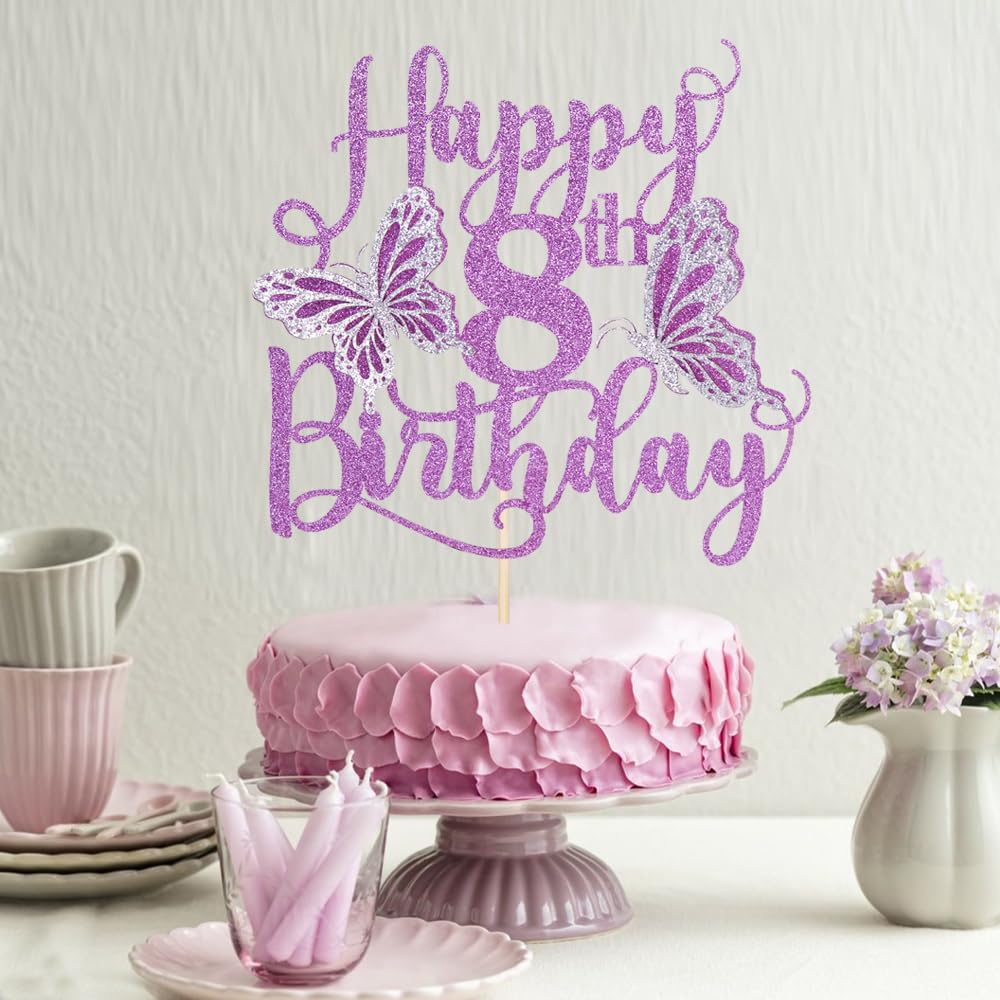 Kaoenla 3D Butterfly Cake Topper, Glitter Theme, 6.3x6 inches, Purple, Happy 8th Birthday Party Decor