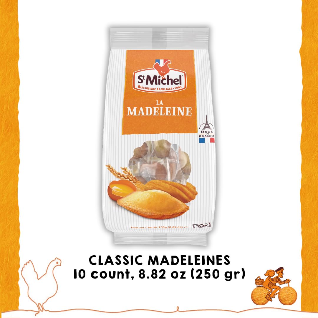 St Michel Traditional Madeleines French Sponge Cakes Made In France, Pack Of 2 (250G Each) Non-Gmo. Total Of 20 Individually Wrapped All Butter Traditional Madeleines Sponge Cakes