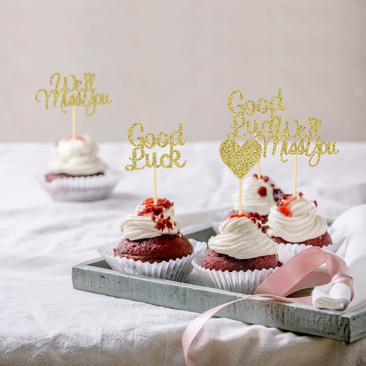 Donoter 24 Pieces We Will Miss You Cupcake Toppers Good Luck Heart Cake Picks For Going Away Party Table Decorations
