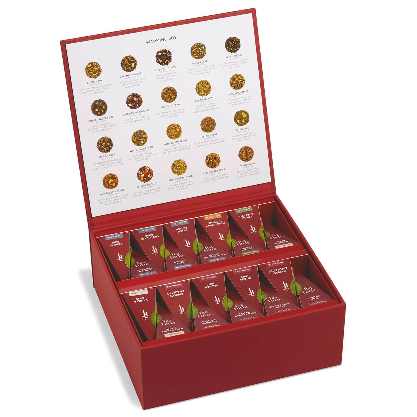 Tea Forte Warming Joy Holiday Assorted Enhanced Tea Chest Gift Sampler, 40 Count, 2 Of Each Variety Blend Individually Wrapped Handcrafted Pyramid Infuser Bags