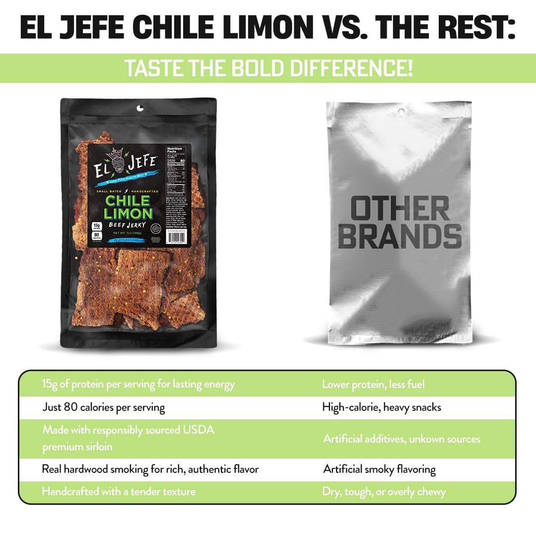 El Jefe Beef Jerky Chile Limon 7Oz - Authentic Mexican Style Hispanic Slab Jerky Hand-Crafted In Small Batches For Bold And Zest