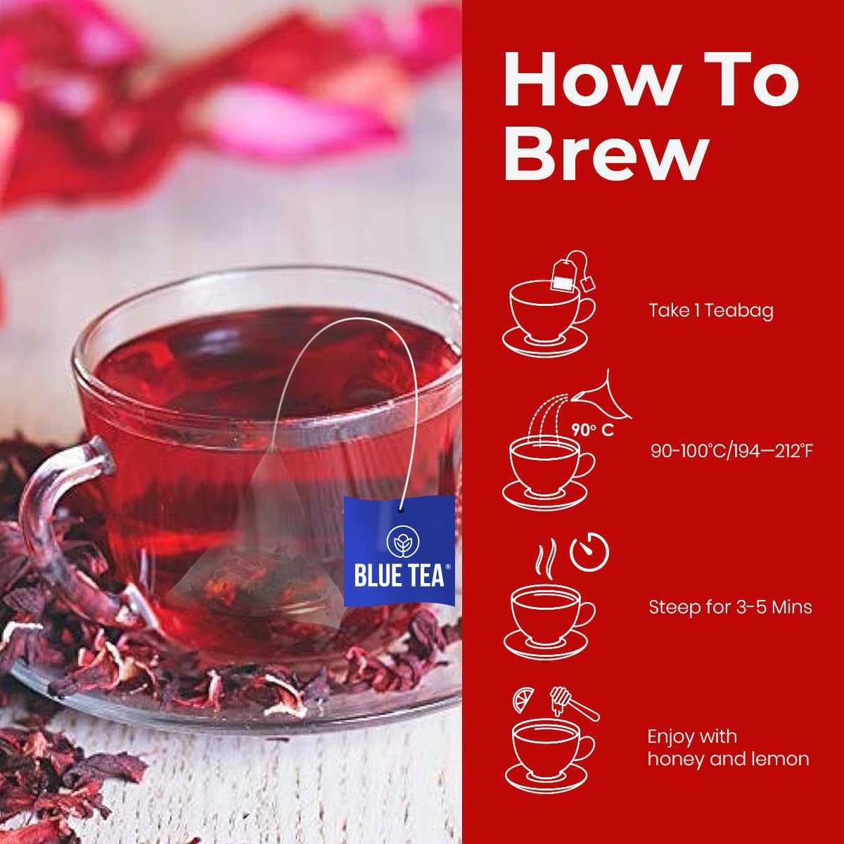 Blue Tea - Hibiscus Assorted Herbal Sampler Tea Pack (6 Flavors, 30 Tea Bags Gifts Set) | Ginger, Mint, Rooibos, Rose, Cinnamon, Lemongrass | Gifts For Her & Him |