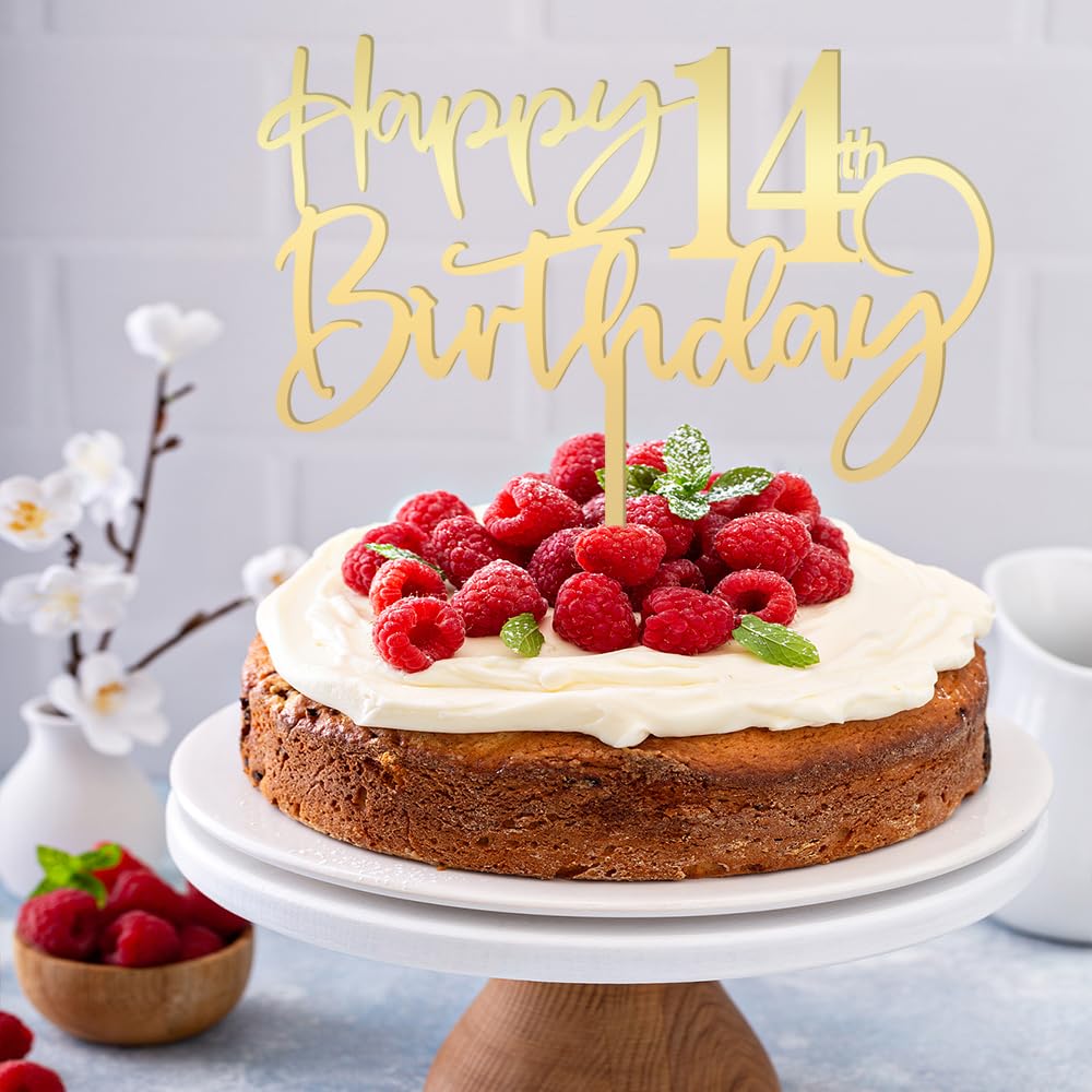 Bekaterea Happy 14 Th Birthday Cake Topper,Mirrored Gold Acrylic Durable Cake Topper,14Th Birthday Party Cake Decor S,Hello 14Th