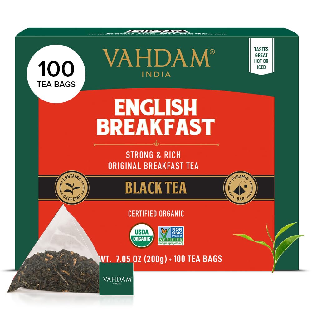 VAHDAM Organic English Breakfast Black Tea Bags - High Caffeine, Gluten Free, 100 Count Resealable Pouch