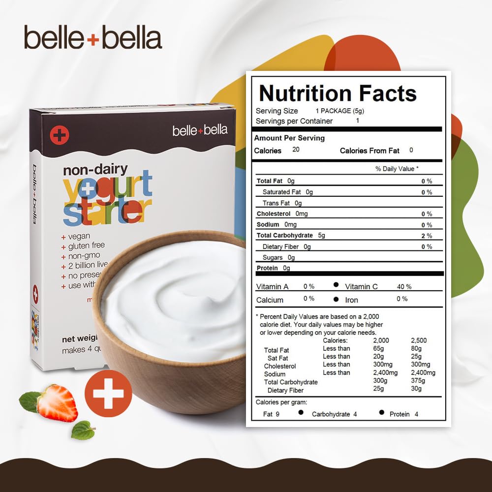 Belle + Bella Non-Dairy Vegan Yogurt Starter - Gluten Free, No Added Sugar, Non Gmo - Makes 4 Quarts Vegan Yogurt - 2 Billion Live Cultures - Mix With Any Dairy Free Or Dairy Milk - 1 Box