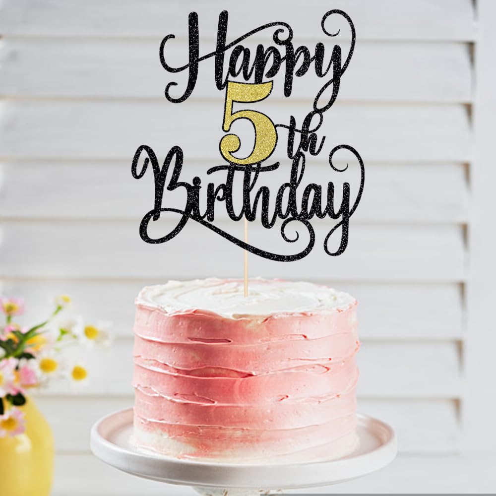 Ruscalin Happy 5Th Birthday Cake Topper,5Th Birthday Party Cake Decorations (Black And Gold Flashes, 5Th)