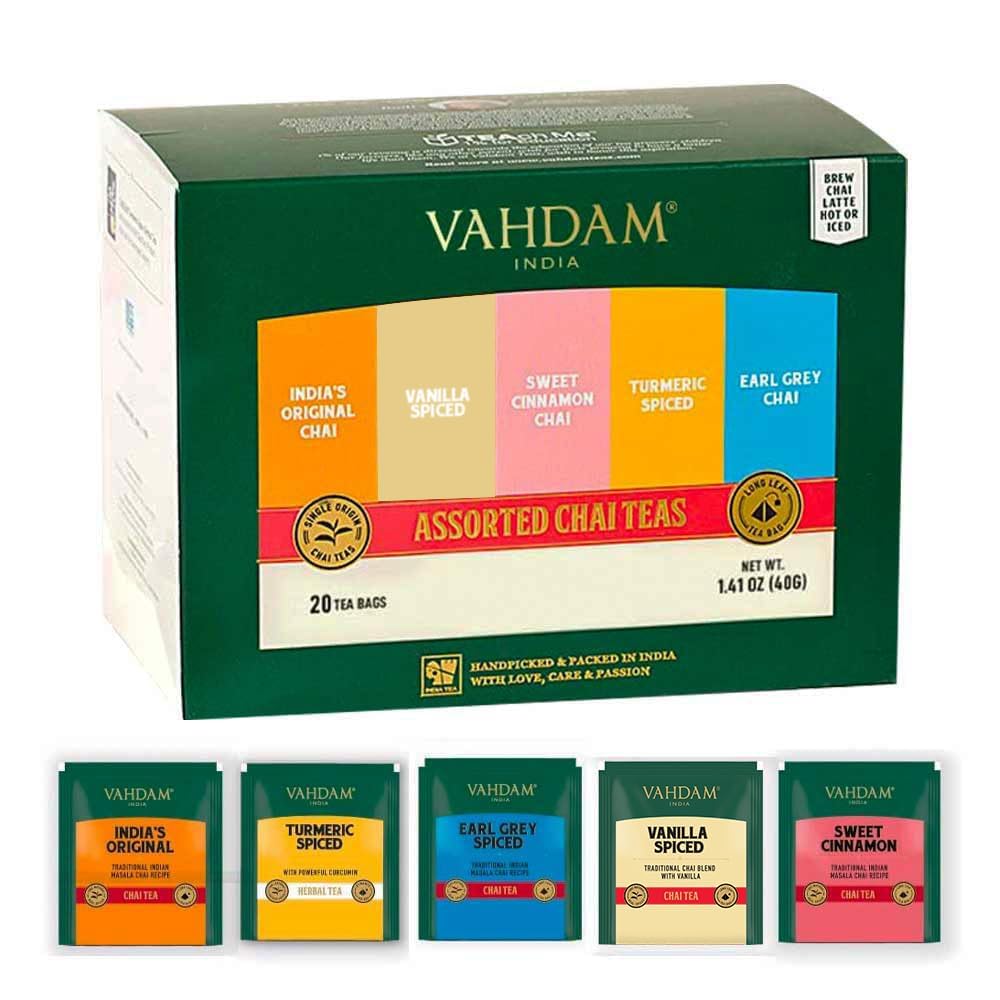 VAHDAM, Assorted Chai Tea Bags Sampler (5 Flavors, 20 Ecofriendly Pyramid Tea bags) I Gift Ideas for Women & Men | Masala Chai Tea Varieties from India | Gluten Free & Non GMO | Gifts for Him/Her