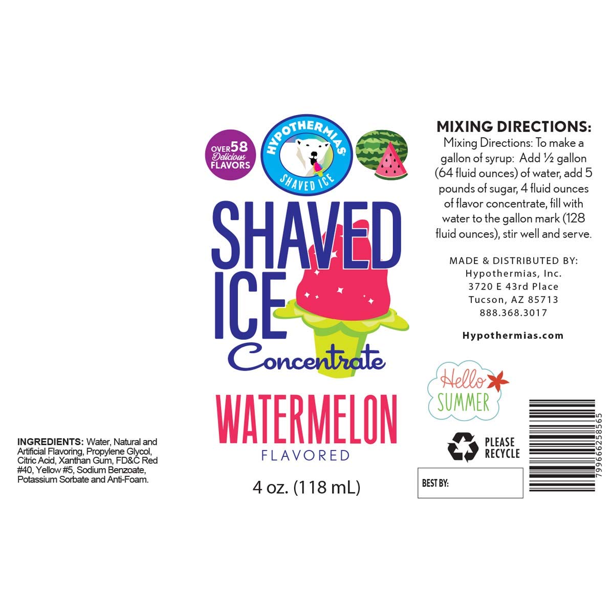 Hypothermias Shaved Ice And Snow Cone Syrup Unsweetened Flavor Concentrate - 4 Fl Oz - Makes 1 Gallon Of Ready To Use Syrup - Wa