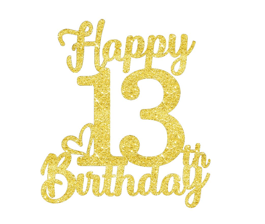 13 Birthday Cake Topper - Double Sided Gold Glitter, Happy 13Th Birthday Cake Topper For Girls,13 Cake Decorations For Girls, 13