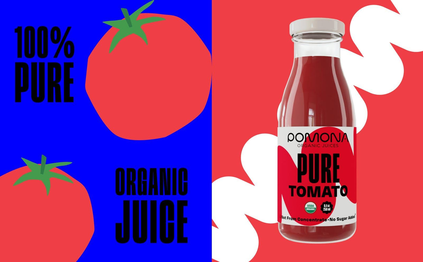 Pomona Organic Juices Pure Tomato Juice  8.4 Ounce Bottle (Pack of 12)  Cold Pressed Organic Juice  Non-GMO  No Sugar Added  Not from Concentrate  Gluten Free  Kosher Certified  Preservative Free