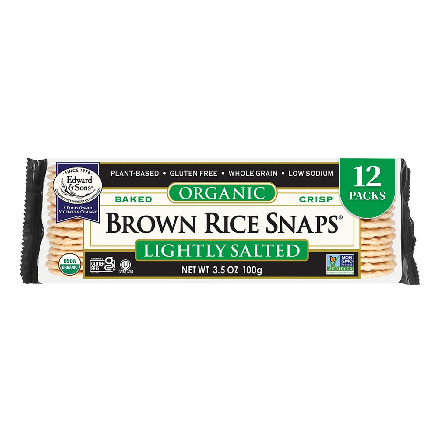 Edward & Sons Organic Lightly Salted Plain Brown Rice Snaps - Gluten Free Rice Crackers, Oven Baked Snack, Whole Grain, No Added