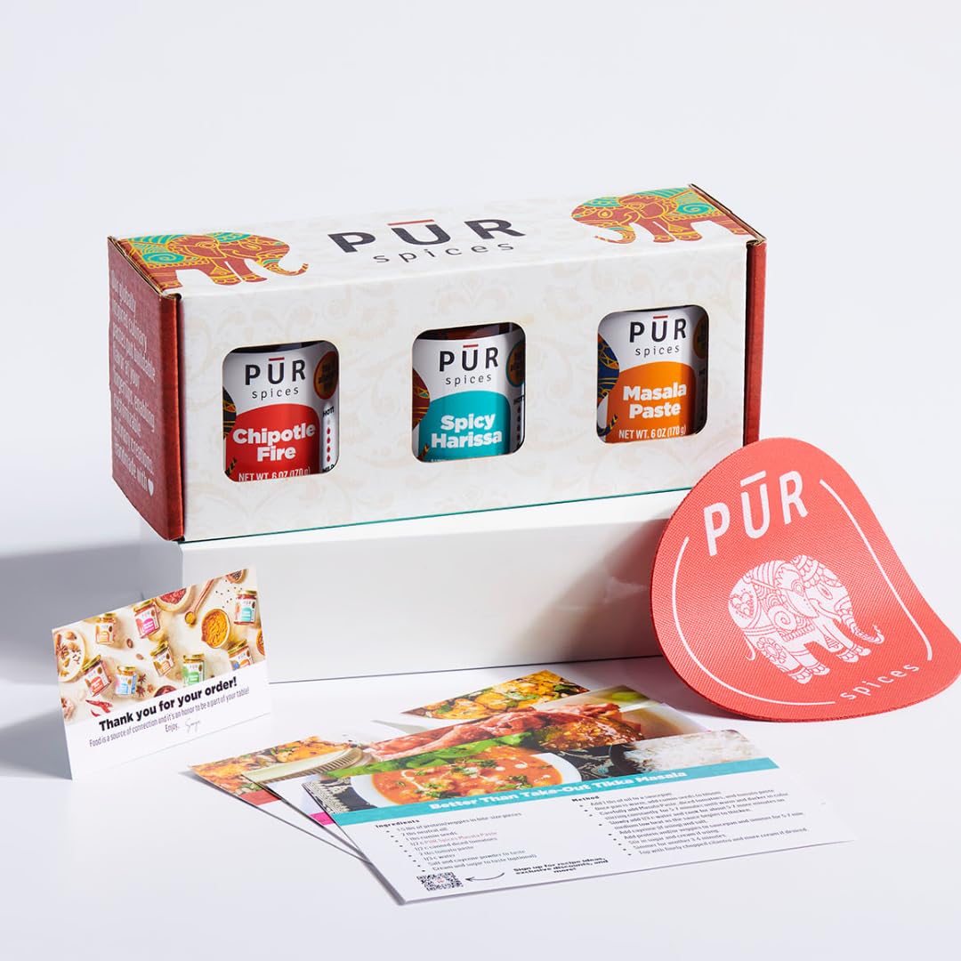 PUR Spices Tasty Gift Box I Set of Three Hot Sauces and Cooking Pastes I Recipe Card and Jar Opener Included I Plant Based, Glut