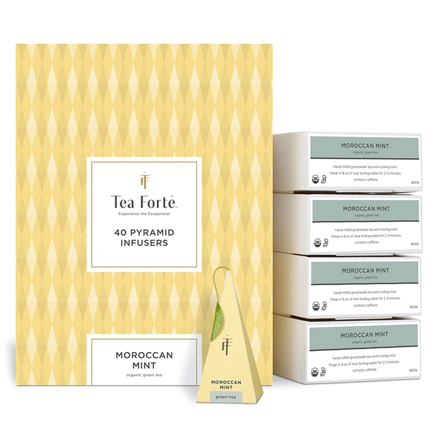 Tea Forte Moroccan Mint Premium Organic Caffeinated Green Tea Blend Event Box, Bulk Pack 40 Count, 10 per tray Individually Wrap