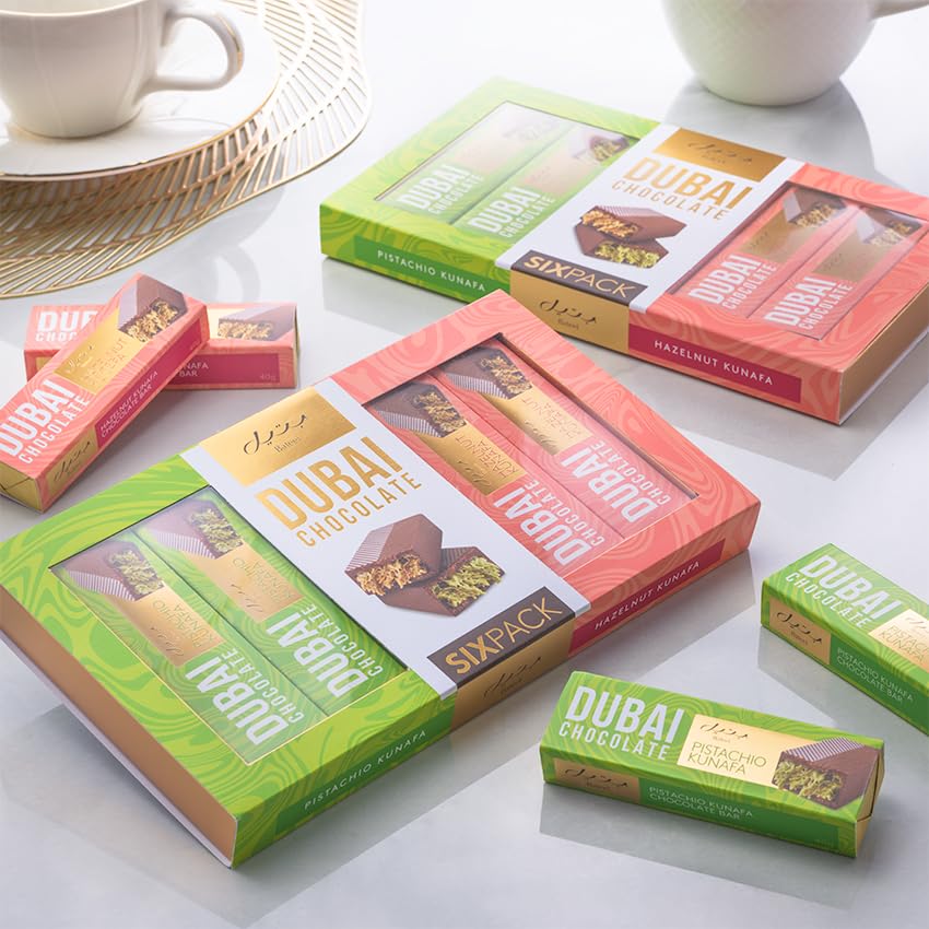 Bateel Dubai Chocolate Gift Set – 6Pcs Pistachio & Hazelnut Kunafa Bars | Gourmet Milk Chocolate With Crunchy Kunafa Layers | Luxury Middle Eastern Chocolate Gift Box