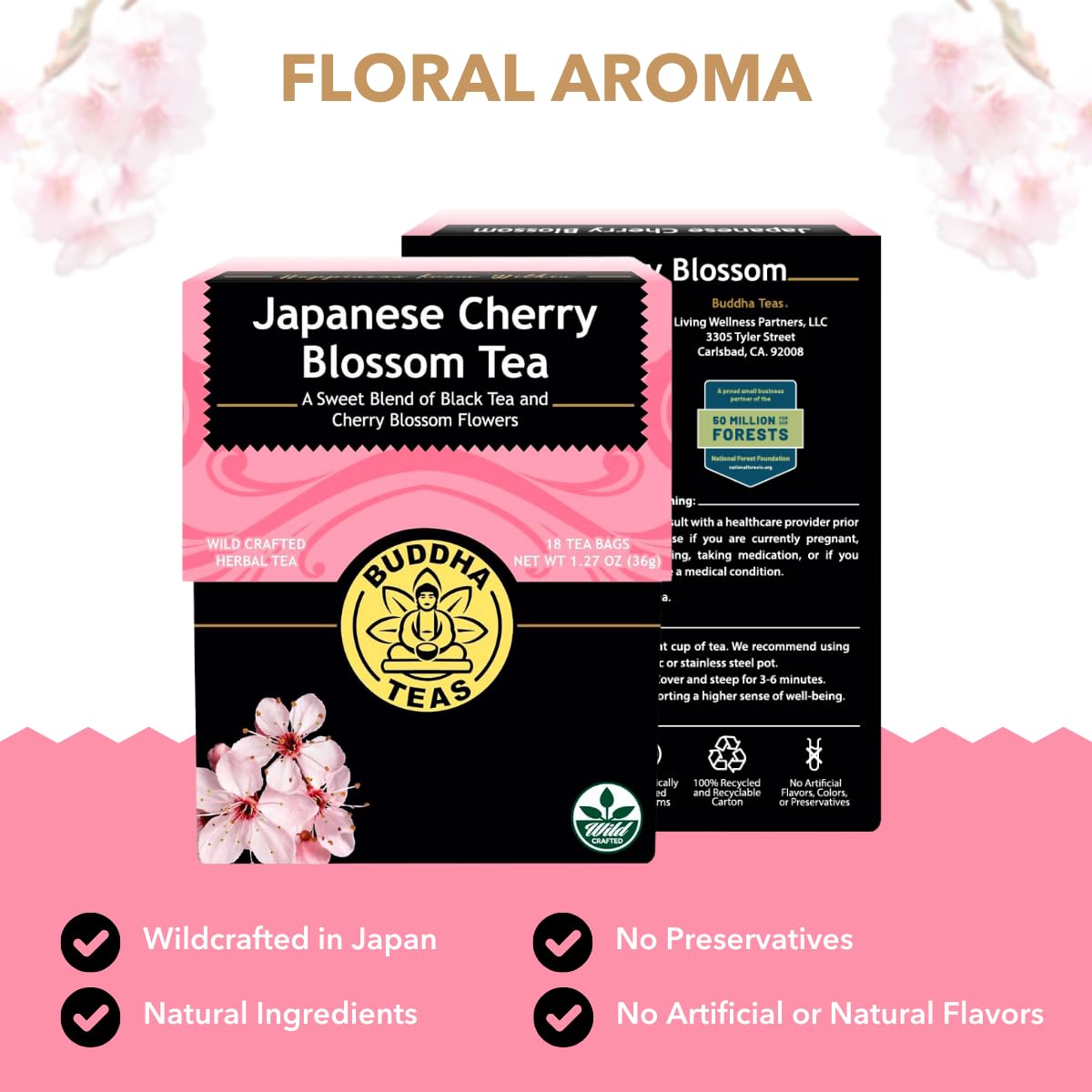 Buddha Teas Japanese Cherry Blossom Tea - 18 Bleach-Free Tea Bags, OU Kosher, 18 Count