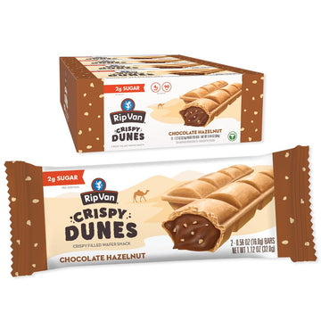 Rip Van Wafels Crispy Dunes Vegan Chocolate Hazelnut Wafer Sticks - Low-Calorie Keto Snack, 90 Calories, Brown, 12 Pack
