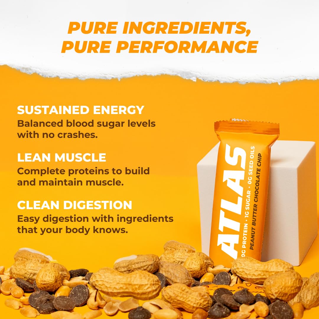 Atlas Bar - 20g Protein, 1g Sugar, 0g Seed Oils, 0g Artificial Sweeteners (Peanut Butter Chocolate Chip, 36 Count)