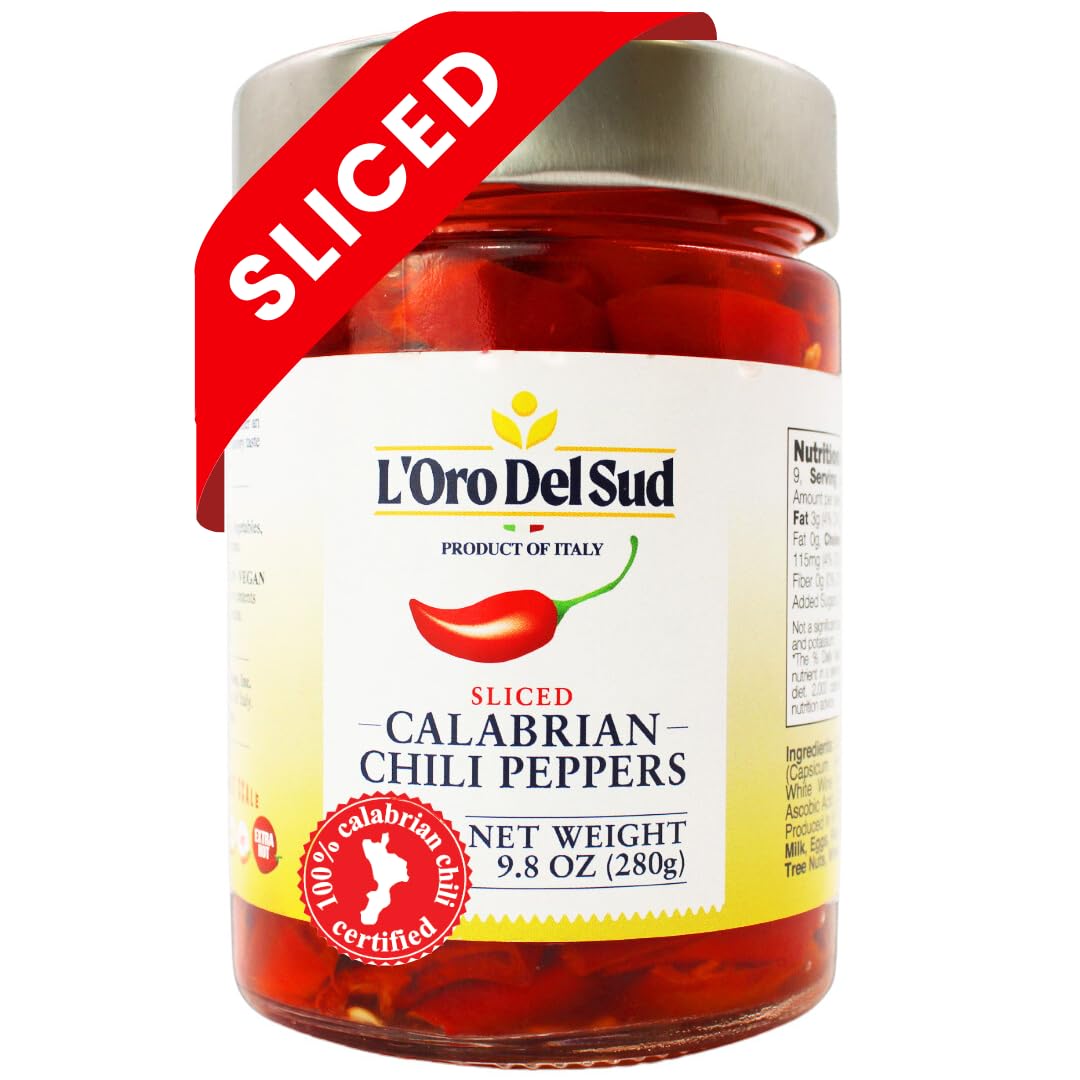 LOro Del Sud Sliced Calabrian Chili Pepper, Chopped Rings, 9.8 oz (280 gm), Certified Authentic, Italian, Peperoncini Calabrese