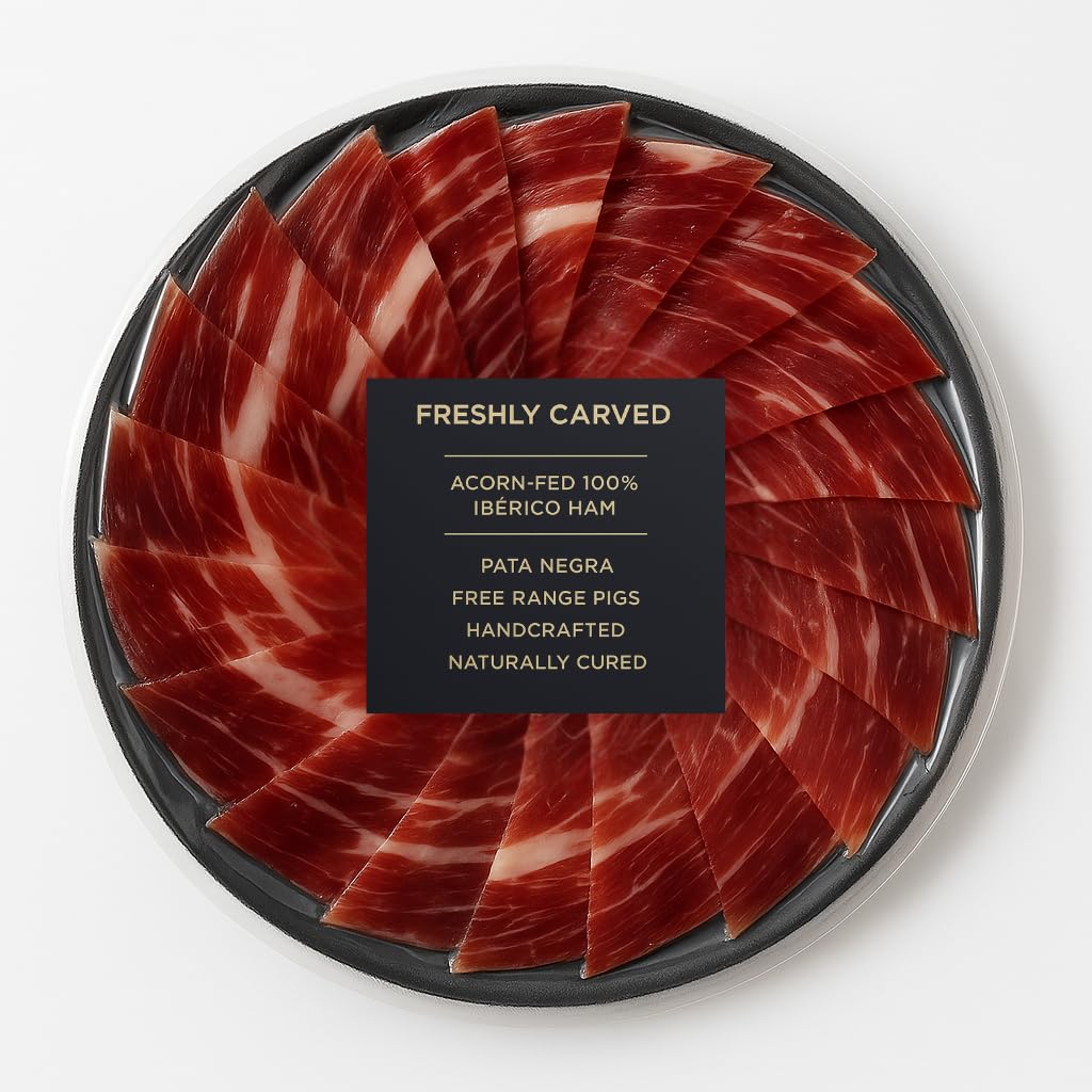 Iberico Acorn-Fed Ham - Sliced Jamon Pata Negra, 3 Oz | Premium Spanish Dry-Cured Ham, Gourmet Charcuterie, 100% Bellota, Rich F