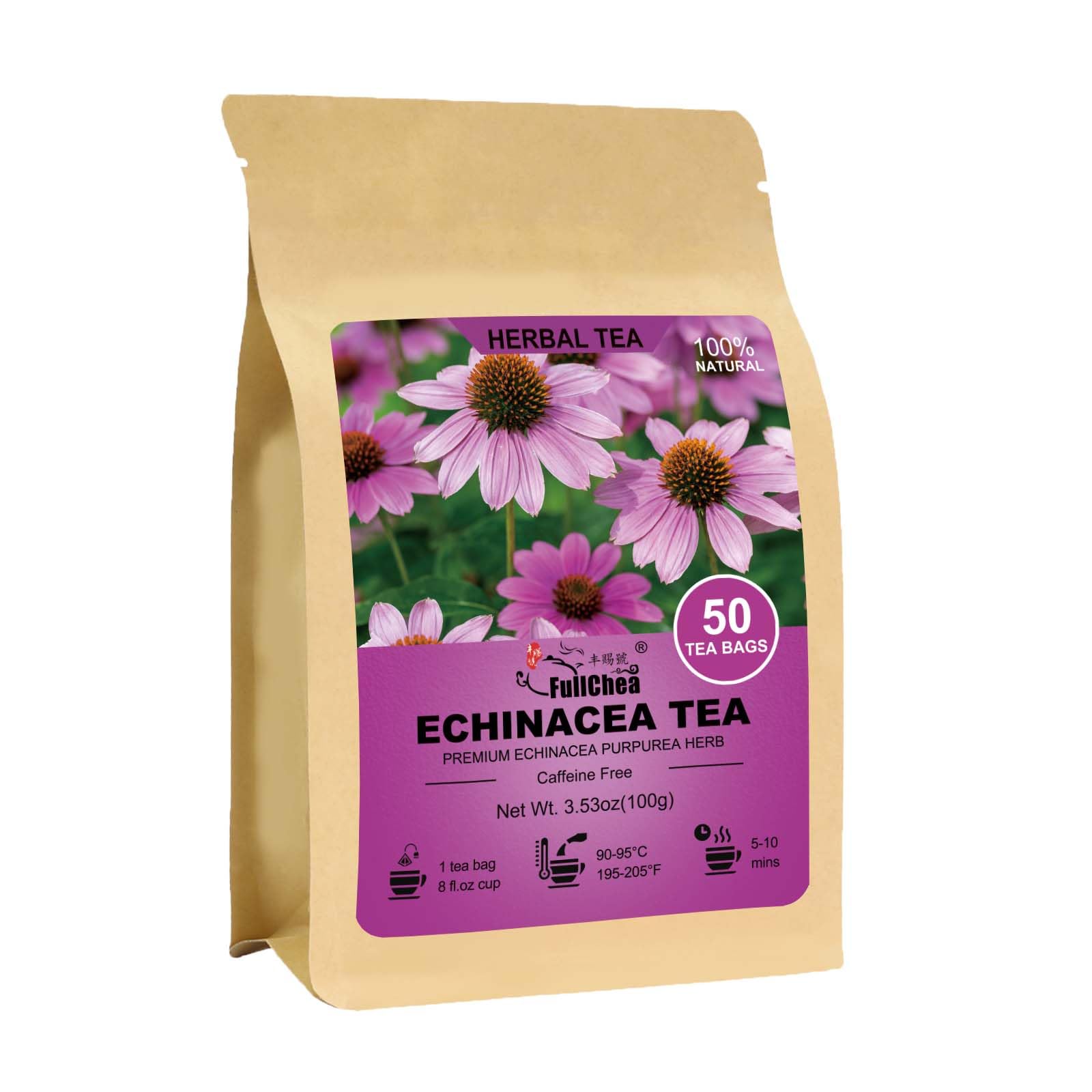 Fullchea - Echinacea Tea Bags  50 Count  2G/Bag - Top-Grade Echinacea Purpurea Herb - Non-Gmo - Energy Blend-Free - Aid Digestion & Boost Immunity