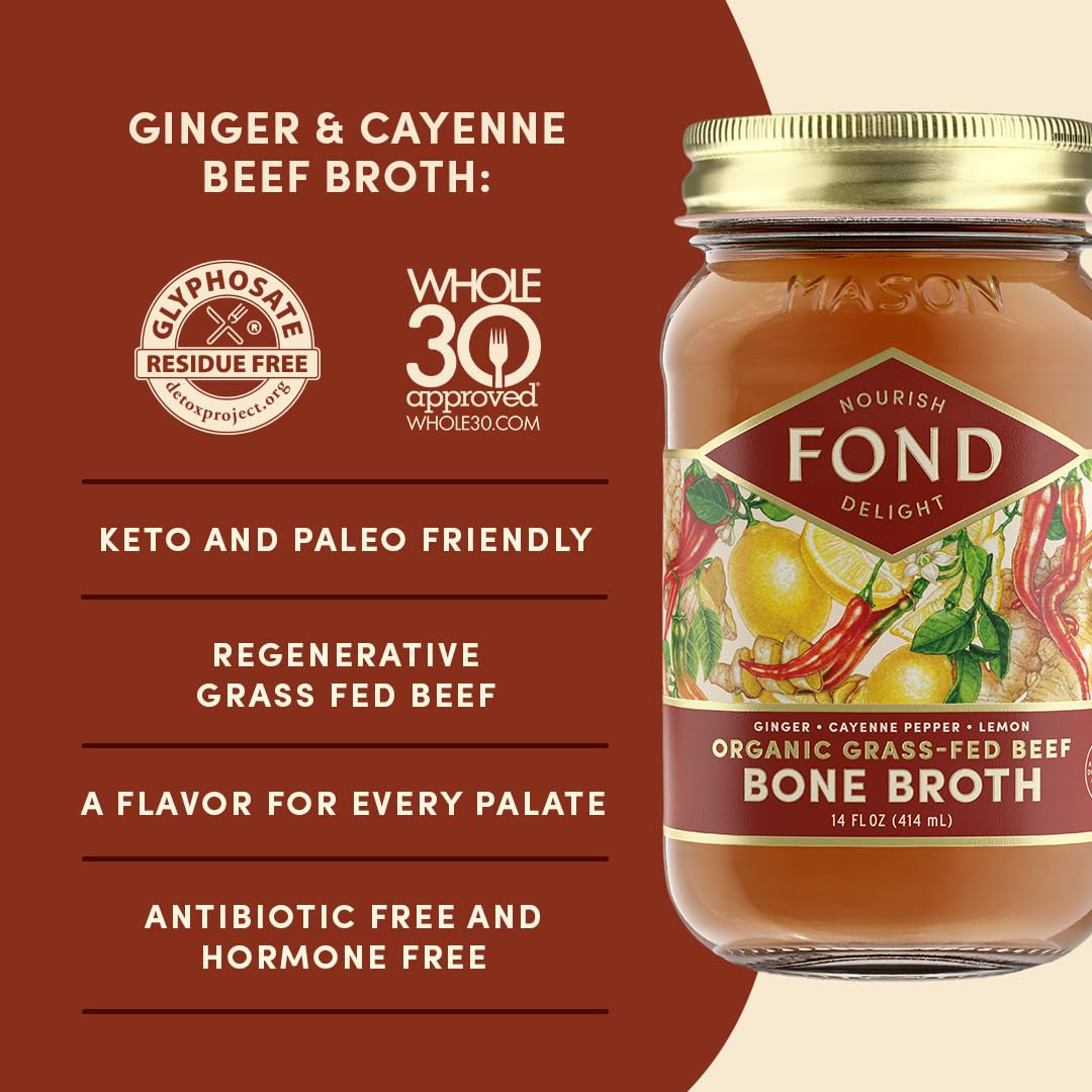 FOND NOURISH DELIGHT Beef Bone Broth with Ginger & Cayenne, 14 Fl Oz (8-Pack)