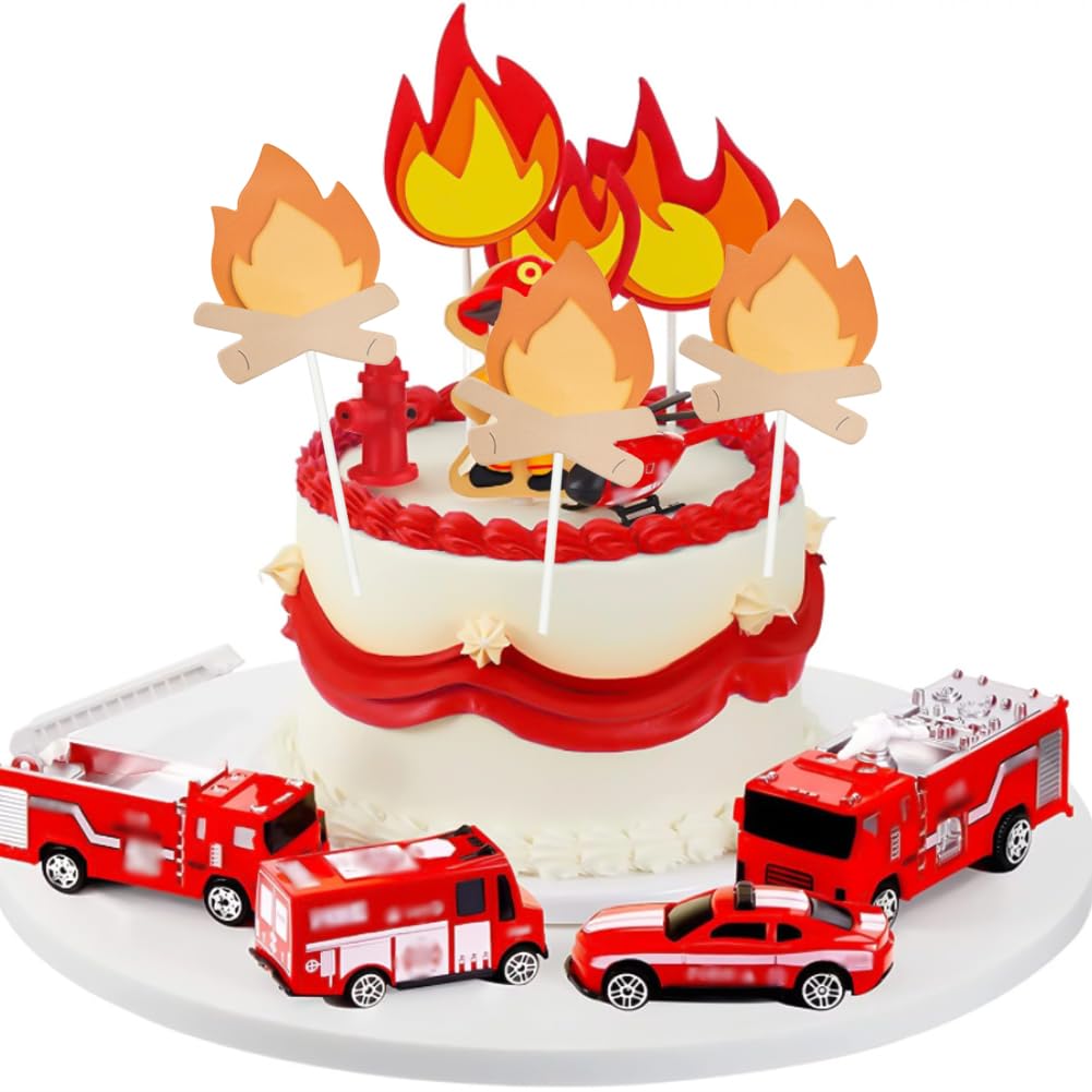 Capiant Fire Truck Cake Topper Set - 10 Pack, Paper Cards & Wooden Sticks, Fire Theme Birthday Party Supplies, Style 2