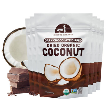 Mavuno Harvest Organic Chocolate Covered Coconut - Organic Dried Coconut Dipped in Dark Chocolate - Non GMO, Preservative Free, 