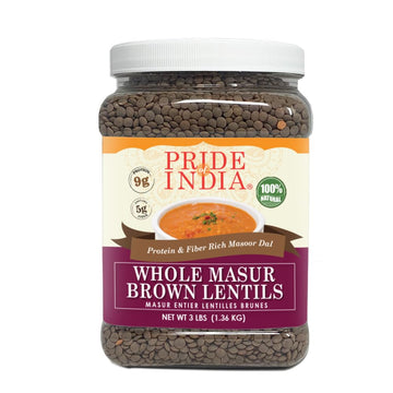 Pride Of India - Indian Whole Brown Crimson Masur Lentils - Protein & Fiber Rich Masoor Whole, 3.0 Pound Jar