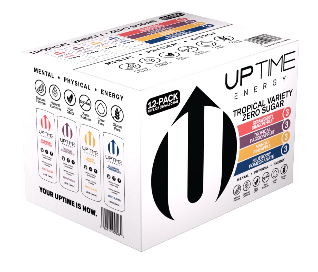 UPTIME Tropical Variety Energy Drink 12 Pack, Zero Sugar, Natural Caffeine, 12oz Cans