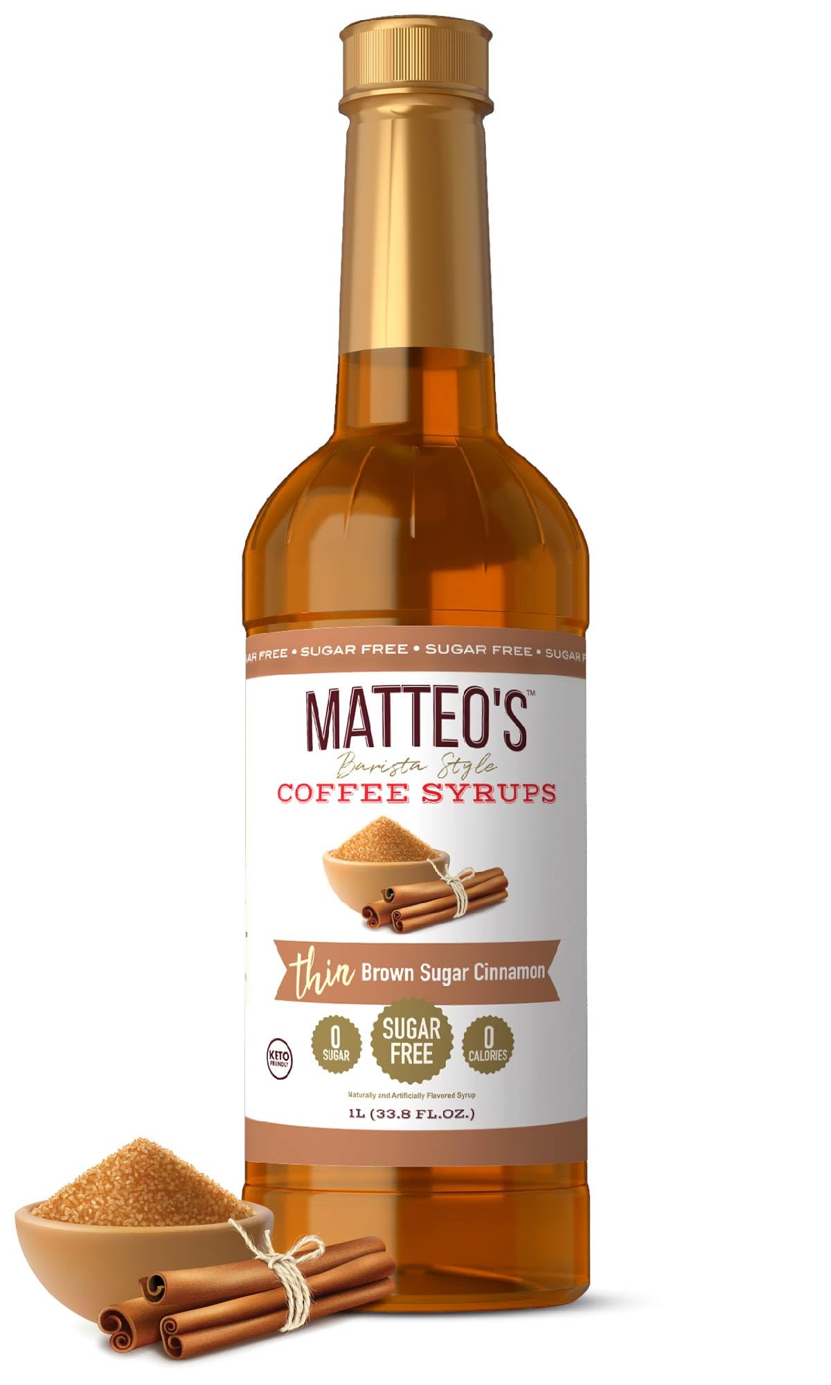 Matteos Sugar-Free Coffee Syrup, Brown Sugar Cinnamon, 33.8 Fl Oz, Keto Friendly, Zero Calories, Ideal for Lattes and Cappuccinos